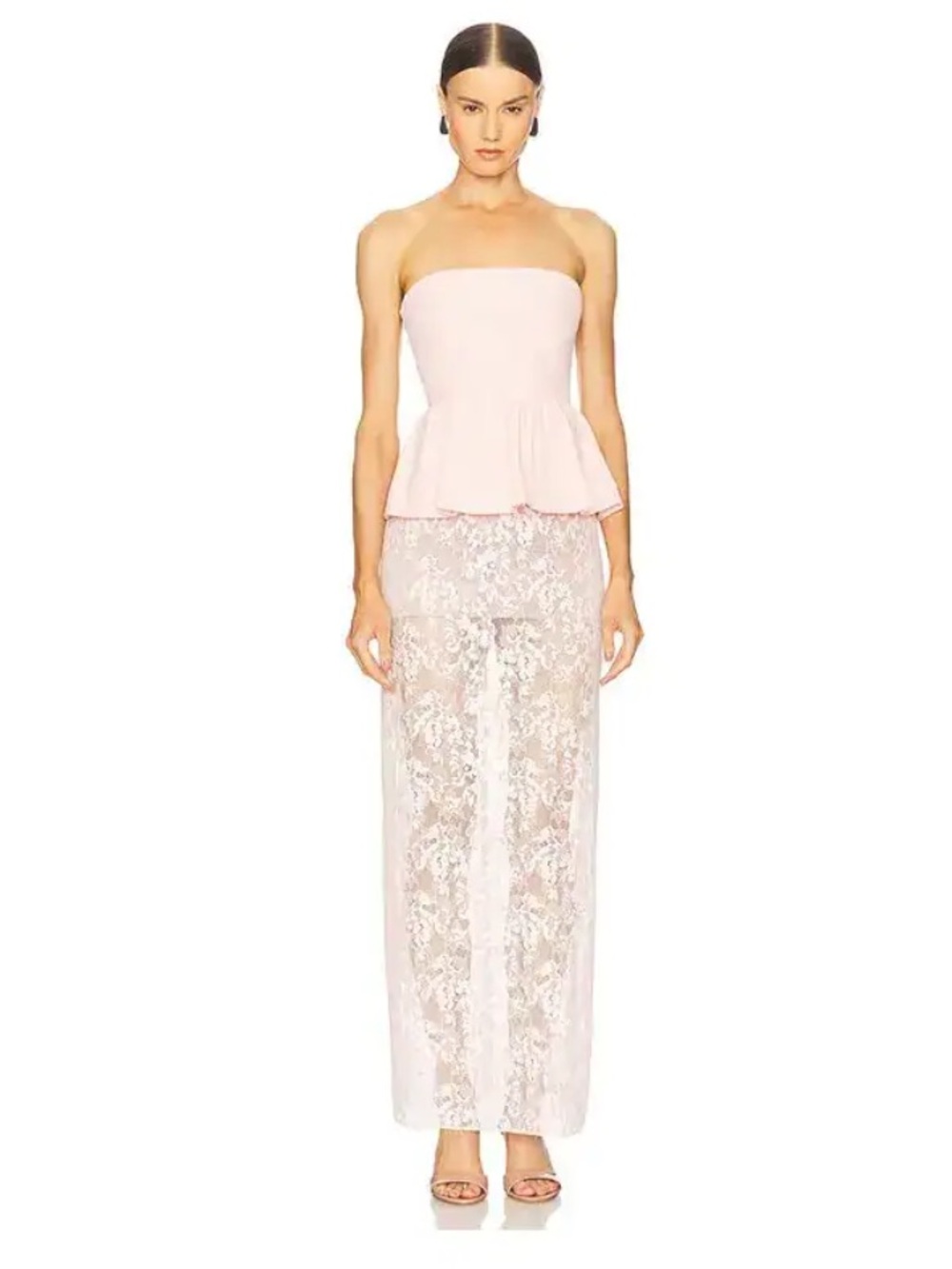 Amanda Uprichard Cherise Lace Skirt Peplum Maxi Dress in Mochi Pink Size Medium